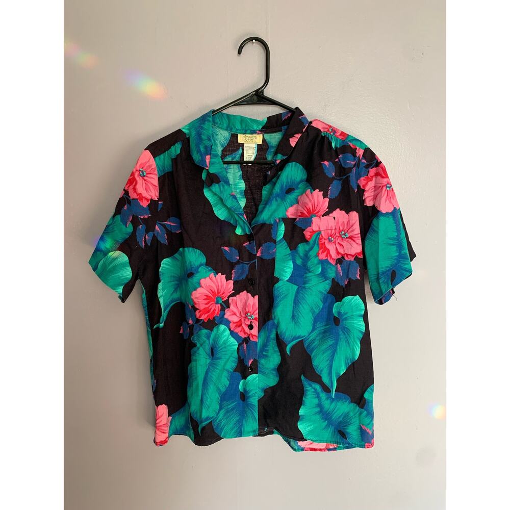 Vintage Jessica Scott Hawaiian button up shirt/tropical black green pink 90s 80s